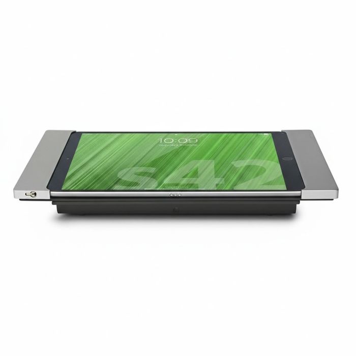 Draufsicht auf den Smart Things sDock Fix Tischständer für iPad A16 mit silberner Oberfläche und einem iPad im Einsatz.
