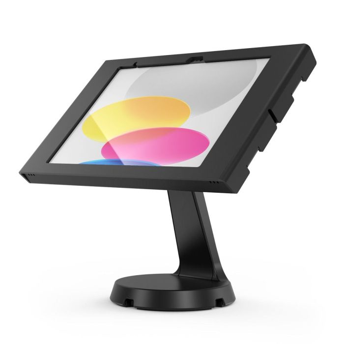 Seitenansicht des Compulocks Mast Swell Tischständers für iPad, mit schwarzem Finish und abgewinkeltem iPad.