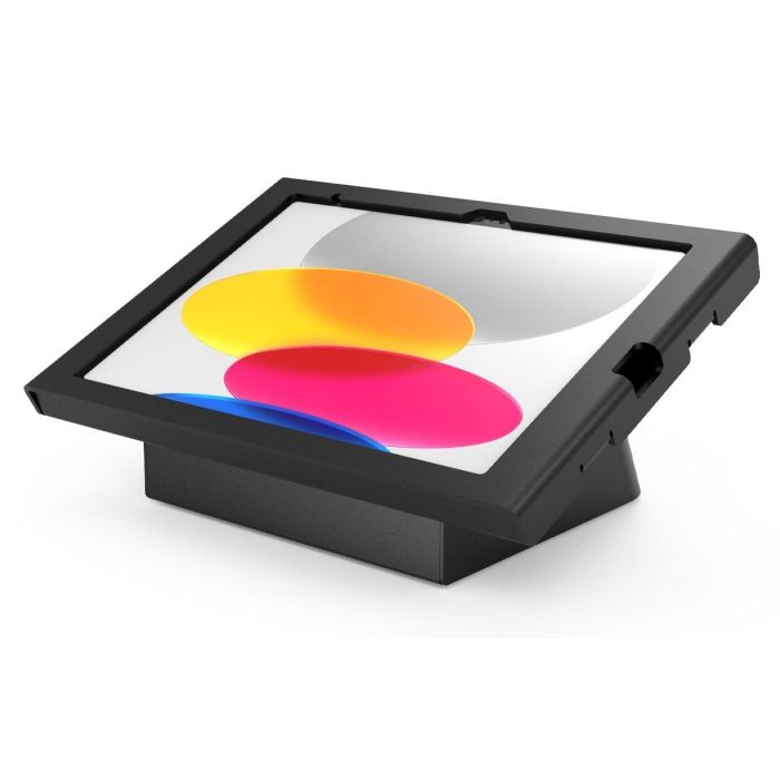 Seitenansicht des Compulocks AV Capsule Swell Tischständers für iPad, mit klarem Display und stabiler Basis.