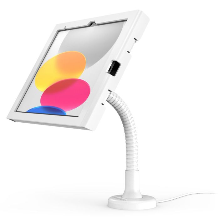 Seitenansicht des Compulocks Flex Swell Tischhalters für iPad, mit flexiblem Arm und weißem Design.