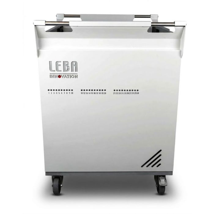 Vorderansicht des LEBA NoteCart TopFit 30 Slim USB-C 65W Ladewagen mit sichtbaren Griffen und Rädern.