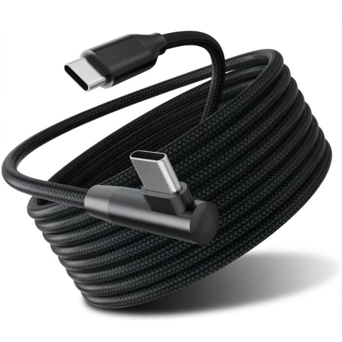Detailaufnahme des Torvik USB-C-zu-rechtwinkligen USB-C-Lade- und Datenkabels mit schwarzer geflochtener Außenseite.