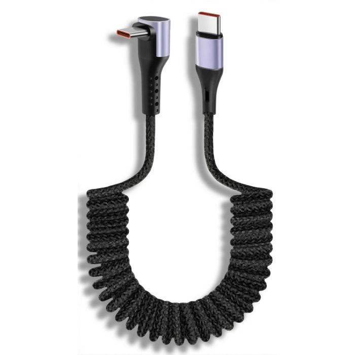 Detailansicht des Torvik USB-C-zu-rechtwinkligen USB-C-Spiralladekabels mit schwarzem, geflochtenem Design und rechtwinkligen Anschlüssen.