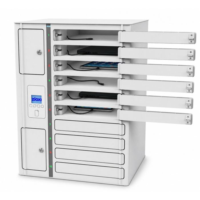 Öffnen Sie den Zioxi onView Chromebook-Ladeschrank für 10 Geräte, wobei die rechten Fächer geöffnet sind und die Ladekabel im Schrank sichtbar sind.