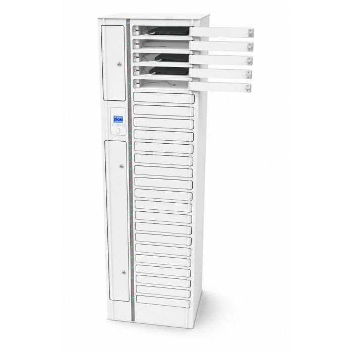 Vorderansicht des Zioxi onView Chromebook-Ladeschranks mit offenen Fächern, sichtbaren Ladekabeln und dem MiFare-RFID-Panel auf der linken Seite.