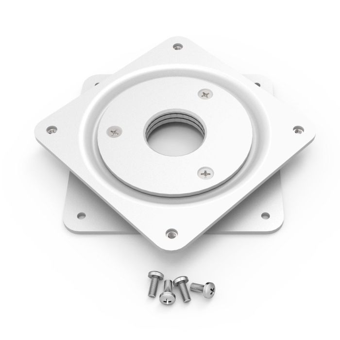 Detailansicht der Compulocks VESA100 Rotationsplatte in Weiß mit Befestigungsschrauben.