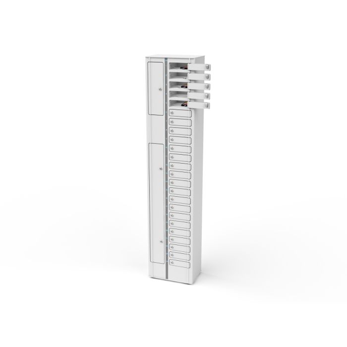 Seitenansicht des Zioxi-Smartphone-USB-A-Ladeschranks mit offenen Ladefächern und sichtbaren 3-in-1-USB-A-Kabeln.