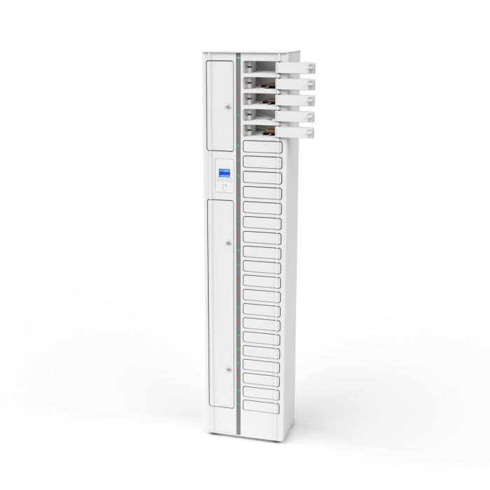 Seitenansicht des Zioxi onView Smartphone-USB-A-Ladeschranks mit offenen Ladefächern und sichtbaren 3-in-1-USB-A-Kabeln.