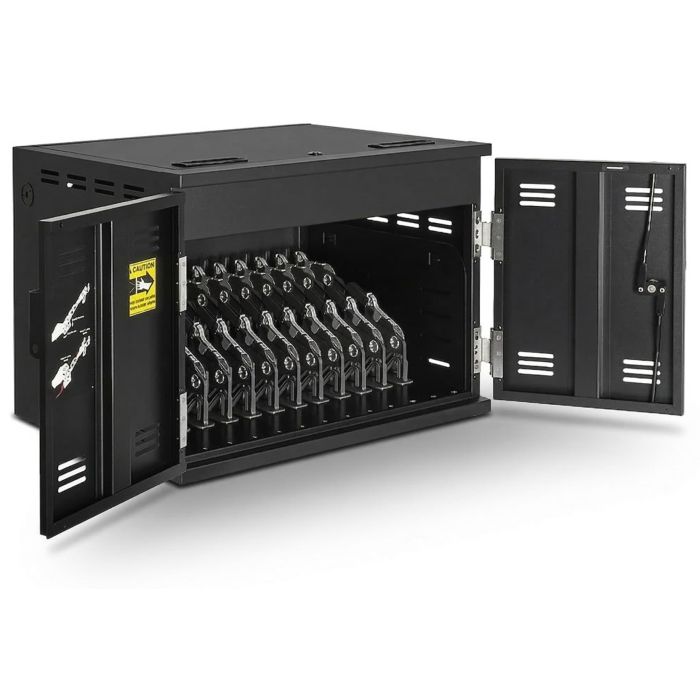 Offener AVer X12 AC-Ladeschrank mit sichtbaren Ladefächern für 12 Mobilgeräte bis 15 Zoll.