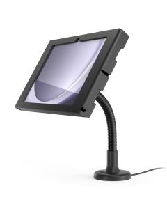 Seitenansicht der Compulocks Flex Apex Tischhalterung für Samsung Galaxy Tab A9+, mit flexiblem Arm und schwarzem Design.