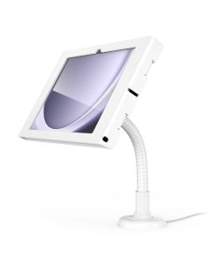 Seitenansicht der Compulocks Flex Apex Tischhalterung für Samsung Galaxy Tab A11+, mit flexiblem Arm und weißer Oberfläche.