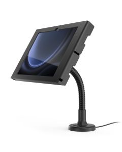 Seitenansicht der schwarzen Compulocks Flex Apex Tischhalterung mit flexiblem Arm für Samsung Galaxy Tab S11.