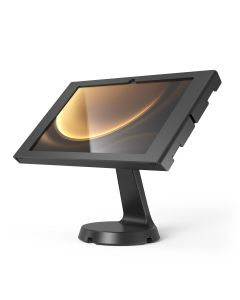 Seitenansicht des Compulocks Mast Apex Tischständers für Samsung Galaxy Tab S10+, mit einem modernen schwarzen Finish.