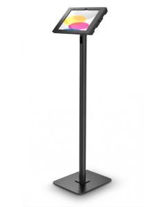Seitenansicht des Compulocks Swift Swell Bodenständers für iPad 11 Zoll, schwarz, mit angewinkeltem Tablet.