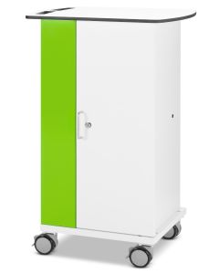 Seitenansicht des Zioxi-Ladewagens mit grüner Tür und Rädern, geeignet für 16 iPads bis 11 Zoll.