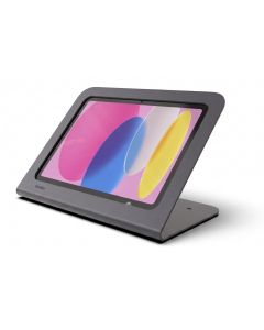 Seitenansicht des Heckler Design Windfall Tablet-Ständers für iPad, mit einem genutzten iPad und einem farbenfrohen Hintergrund.