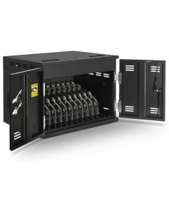 Offener AVer X12 AC-Ladeschrank mit sichtbaren Ladefächern für 12 Mobilgeräte bis 15 Zoll.