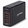 Seitenansicht des Manhattan 72W 4-Port USB-A/C Power Delivery Ladehubs mit sichtbaren USB-Anschlüssen und Logo.