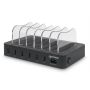 Seitenansicht der Manhattan 6-Port USB-A Ladestation mit offenen Ladefächern und sichtbaren USB-Anschlüssen.