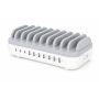 Seitenansicht der Manhattan 10-Port-USB-Power-Delivery-Ladestation mit sichtbaren Ladeanschlüssen und Kabelmanagement.