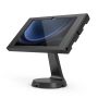Seitenansicht des Compulocks Mast Apex Tischständers für Samsung Galaxy Tab S10 Lite in Schwarz, mit angewinkeltem Tablet.