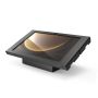 Seitenansicht des Compulocks AV Capsule Apex Tischständers für Samsung Galaxy Tab S9+, mit elegantem schwarzem Finish.