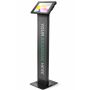 Seitenansicht des Compulocks BrandMe Apex Bodenständers für iPad 11 Zoll, schwarz, mit klarem Display und Branding-Option.