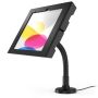 Seitenansicht des Compulocks Flex Apex Tischhalters für iPad, mit flexiblem Arm und schwarzem Design.