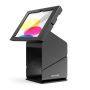 Seitenansicht des Compulocks Tablet Printer Kiosk mit einem iPad in vertikaler Position, mit Schwerpunkt auf dem modernen Design und der stabilen Basis.
