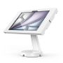 Seitenansicht des Compulocks Mast Apex Tischständers für iPad Air 11 Zoll in Weiß, mit angewinkeltem Tablet.