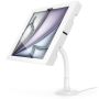 Seitenansicht des Compulocks Flex Apex Tischhalters für iPad Air mit flexiblem Arm und weißem Design.