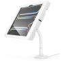 Seitenansicht des Compulocks Flex Apex Tischhalters für iPad Pro 13 Zoll, mit flexiblem Arm und weißem Finish.