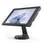 Seitenansicht des Compulocks Mast Apex Tischständers mit Microsoft Surface Pro 11 im Einsatz mit klarem Display.