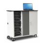 Seitenansicht des Zioxi onView2 Chromebook-Ladewagens mit offenen Fächern für 32 Chromebooks und einem Laptop auf der Oberseite.