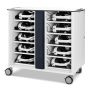 Seitenansicht des Zioxi onView2 VR-Headset-Ladewagens mit 40 VR-Headsets in Ablagefächern.