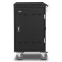 Seitenansicht des AVer E32C+ AC-Laptop-Ladewagens mit sichtbaren Rädern und einem digitalen Verriegelungsmechanismus.