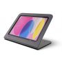 Seitenansicht des Heckler Design Windfall Tablet-Ständers für iPad, mit einem genutzten iPad und einem farbenfrohen Hintergrund.