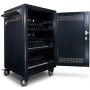 Seitenansicht des Power Technologies PT-36 AC-Ladewagens mit geöffneter Tür und sichtbaren Ladefächern für 36 Laptops.