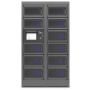Vorderansicht des modularen Ladeschranks von Power Technologies mit 11 großen Fächern und Bedienfeld.