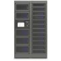 Vorderansicht des modularen Ladeschranks PT-PRO-17 von Power Technologies mit offenen Fächern und Kontrollbildschirm.