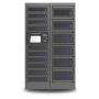 Vorderansicht des modularen Ladeschranks PT-PRO-16 von Power Technologies mit offenen Fächern und Kontrollbildschirm.