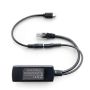 Detailaufnahme des Smart Things sCharge PoE 4856 Splitters mit Micro-USB-Kabel, die Anschlüsse und Spezifikationen sind sichtbar.