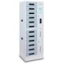 Seitenansicht des Power Technologies Ladespindes SC-LOCKER-12 mit 12 Fächern und RFID-Schloss, geschlossen und ohne sichtbare Kabel.