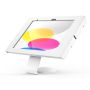 Eckansicht des Compulocks Core Swell Tischhalters für iPad 11 Zoll, mit buntem Hintergrund und stabiler Basis.