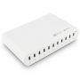 Eckansicht des Torvik OLH-10 USB-C-Ladehubs mit zehn Anschlüssen und LED-Anzeige.