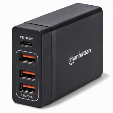 Seitenansicht des Manhattan 72W 4-Port USB-A/C Power Delivery Ladehubs mit sichtbaren USB-Anschlüssen und Logo.