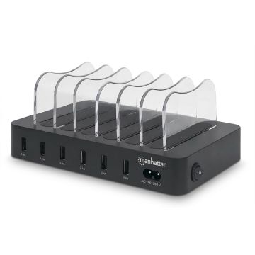 Seitenansicht der Manhattan 6-Port USB-A Ladestation mit offenen Ladefächern und sichtbaren USB-Anschlüssen.