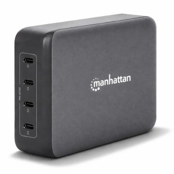 Seitenansicht des Manhattan 240-W-4-Port-GaN-USB-C-Power-Delivery-Ladehubs mit vier USB-C-Anschlüssen.