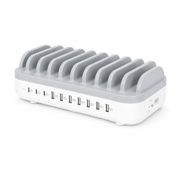 Seitenansicht der Manhattan 10-Port-USB-Power-Delivery-Ladestation mit sichtbaren Ladeanschlüssen und Kabelmanagement.