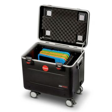Offenes PARAT TC10 EDUCOVER Ladecase mit farbenfrohen Tablet-Fächern und Kabelmanagement.
